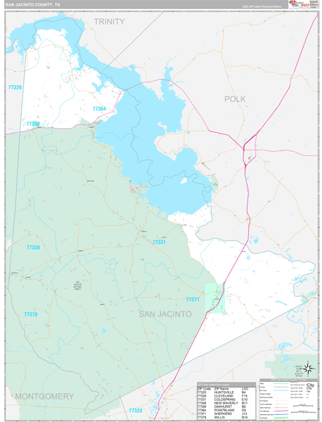 San Jacinto County, TX Carrier Route Wall Map